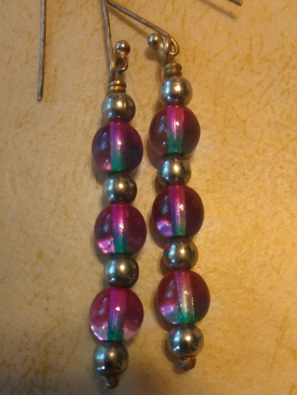 Handmade Pink Green Glass Bead Drop Earrings